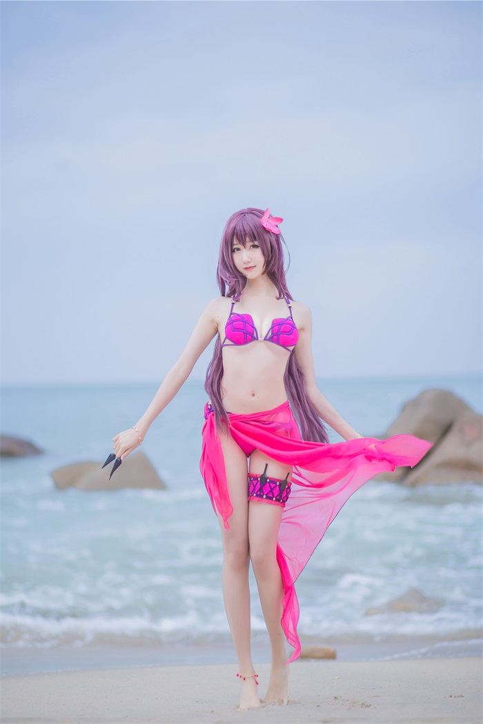 网红Coser@木绵绵OwO – 户外粉色泳衣斯卡哈 [21P/45MB]-萌图网